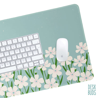 Floral Border Large Desk Mat - mint green with cream flowers