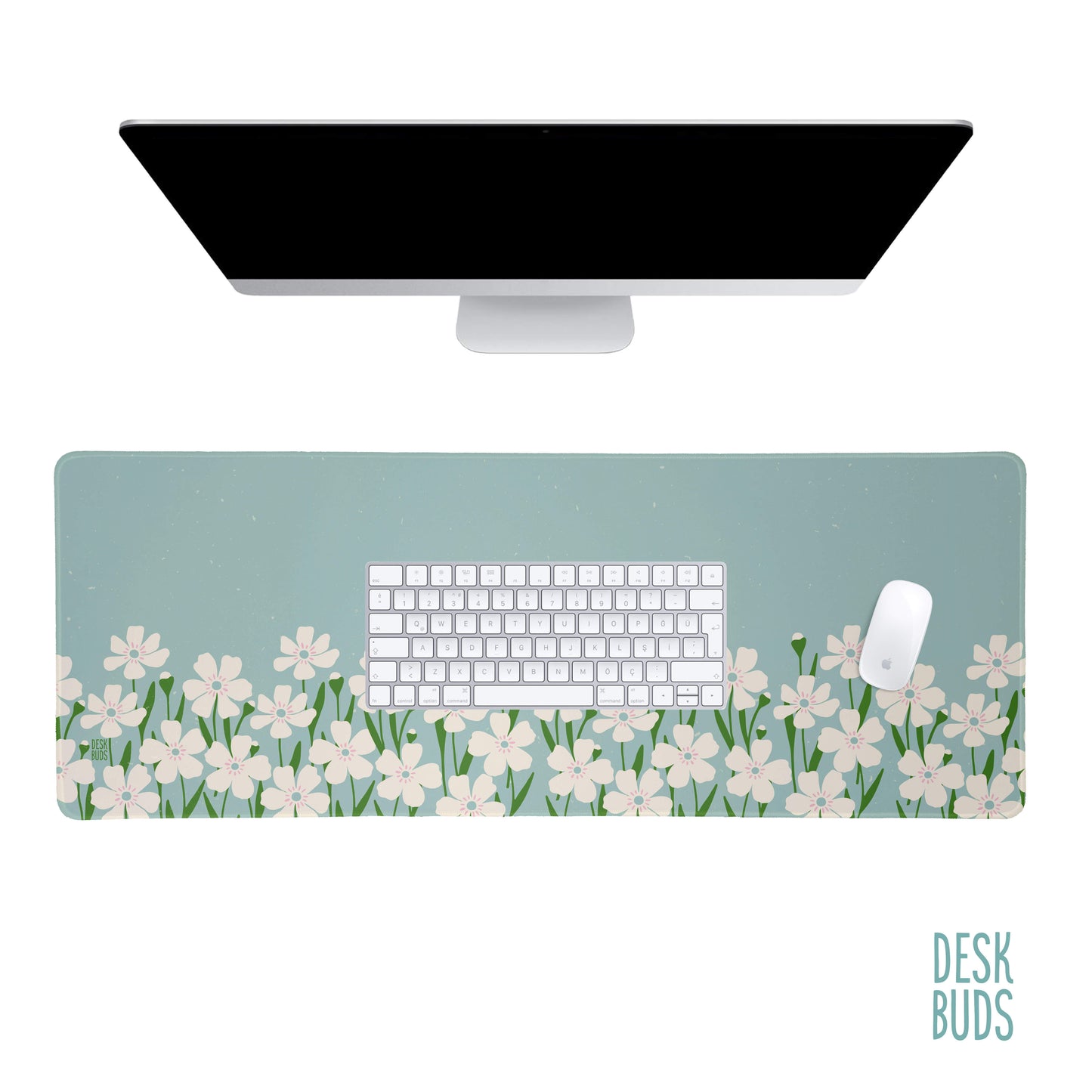 Floral Border Large Desk Mat - mint green with cream flowers