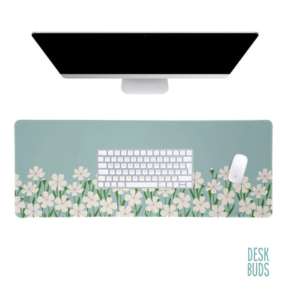 Floral Border Large Desk Mat - mint green with cream flowers