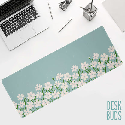 Floral Border Large Desk Mat - mint green with cream flowers