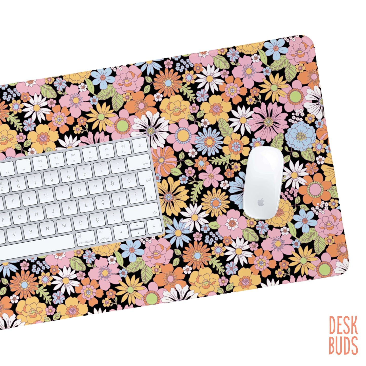 Bright Retro flower Desk Mat with black background 80x30cm