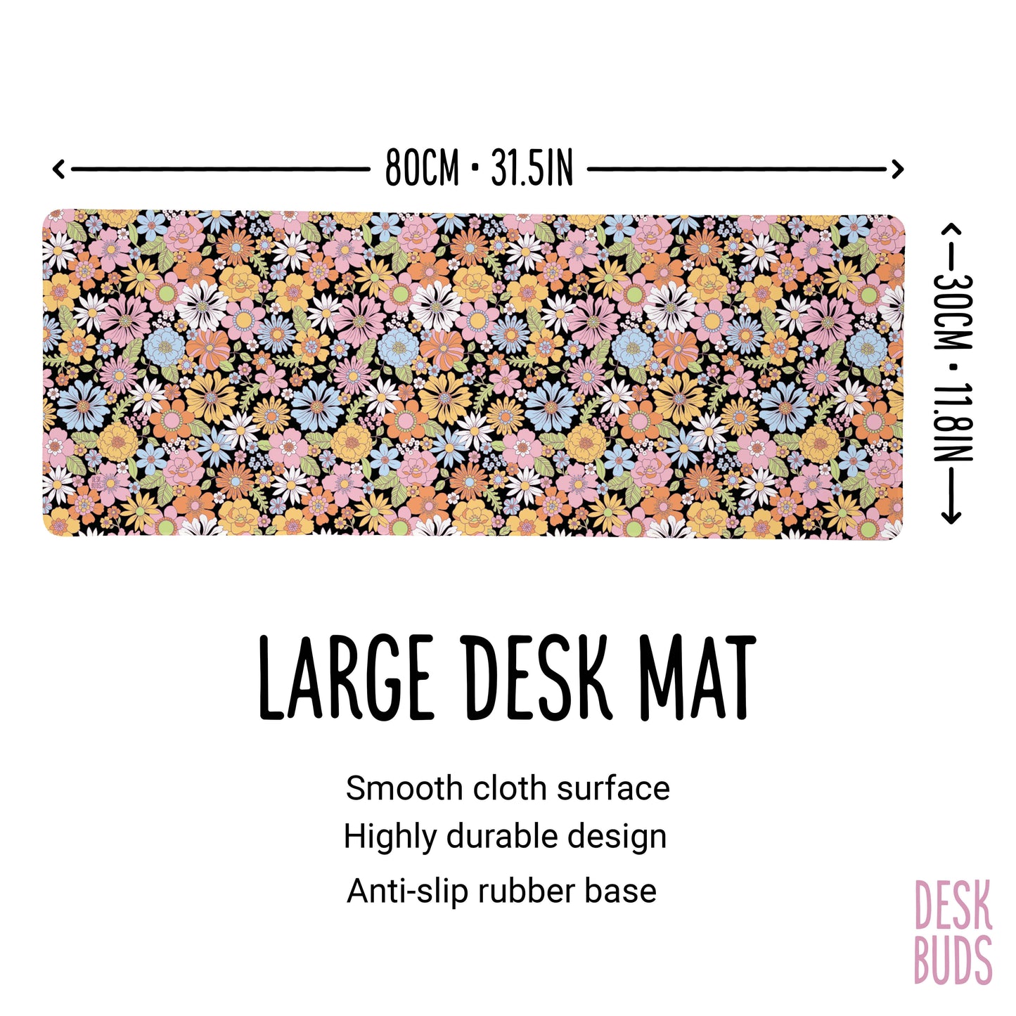 Bright Retro flower Desk Mat with black background 80x30cm