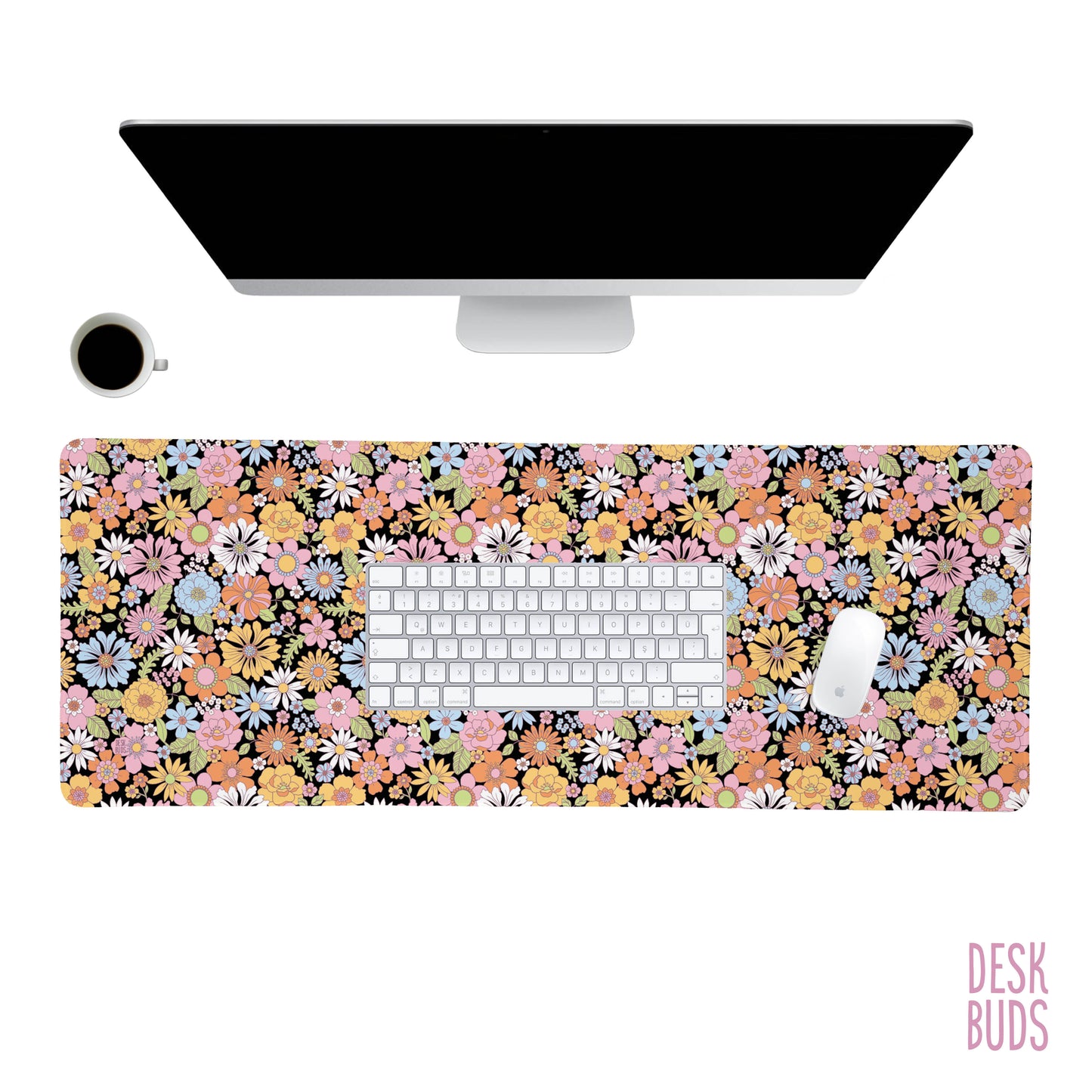 Bright Retro flower Desk Mat with black background 80x30cm