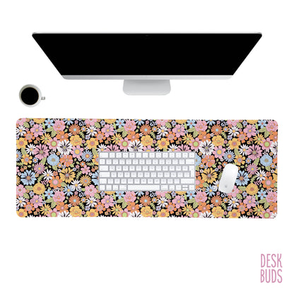 Bright Retro flower Desk Mat with black background 80x30cm