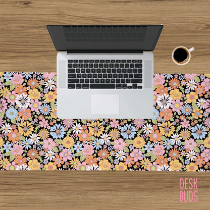 Bright Retro flower Desk Mat with black background 80x30cm