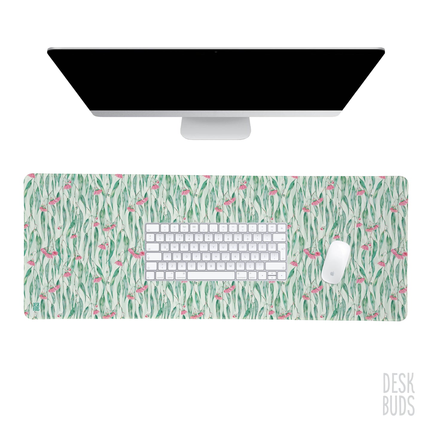 Gum leaves with pink blossom extra large desk mat 80cm x 30cm