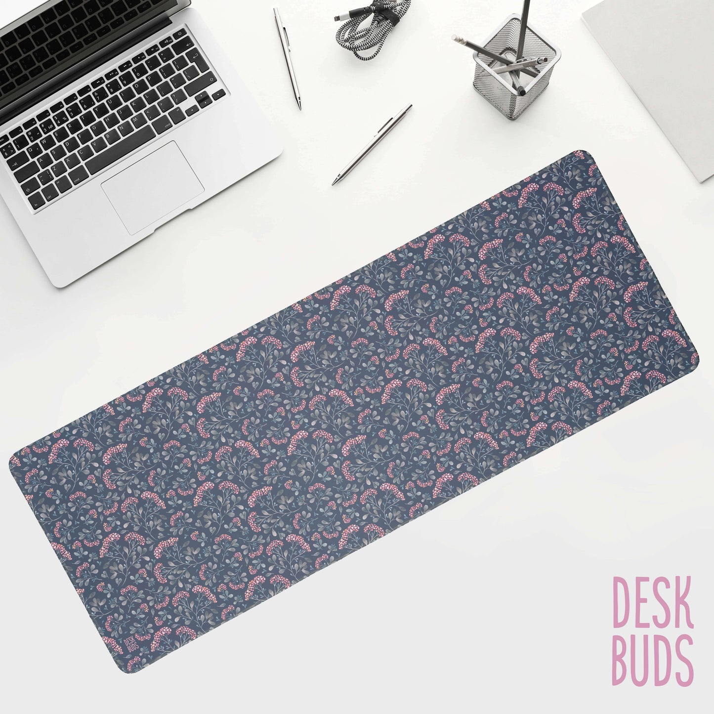 Dark grey and pink floral extra large desk mat 80cm x 30cm