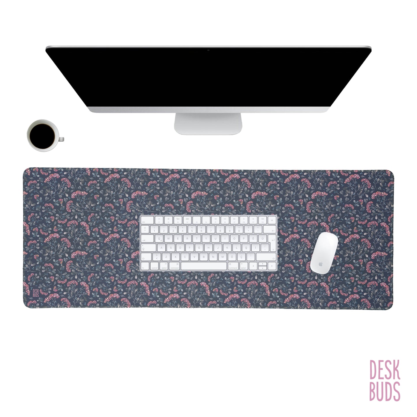 Dark grey and pink floral extra large desk mat 80cm x 30cm