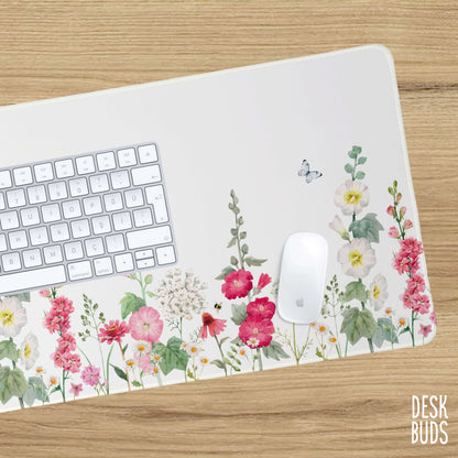 Pink and white hollyhock floral large desk mat 80cm x 30cm