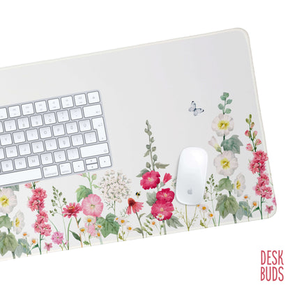 Pink and white hollyhock floral large desk mat 80cm x 30cm