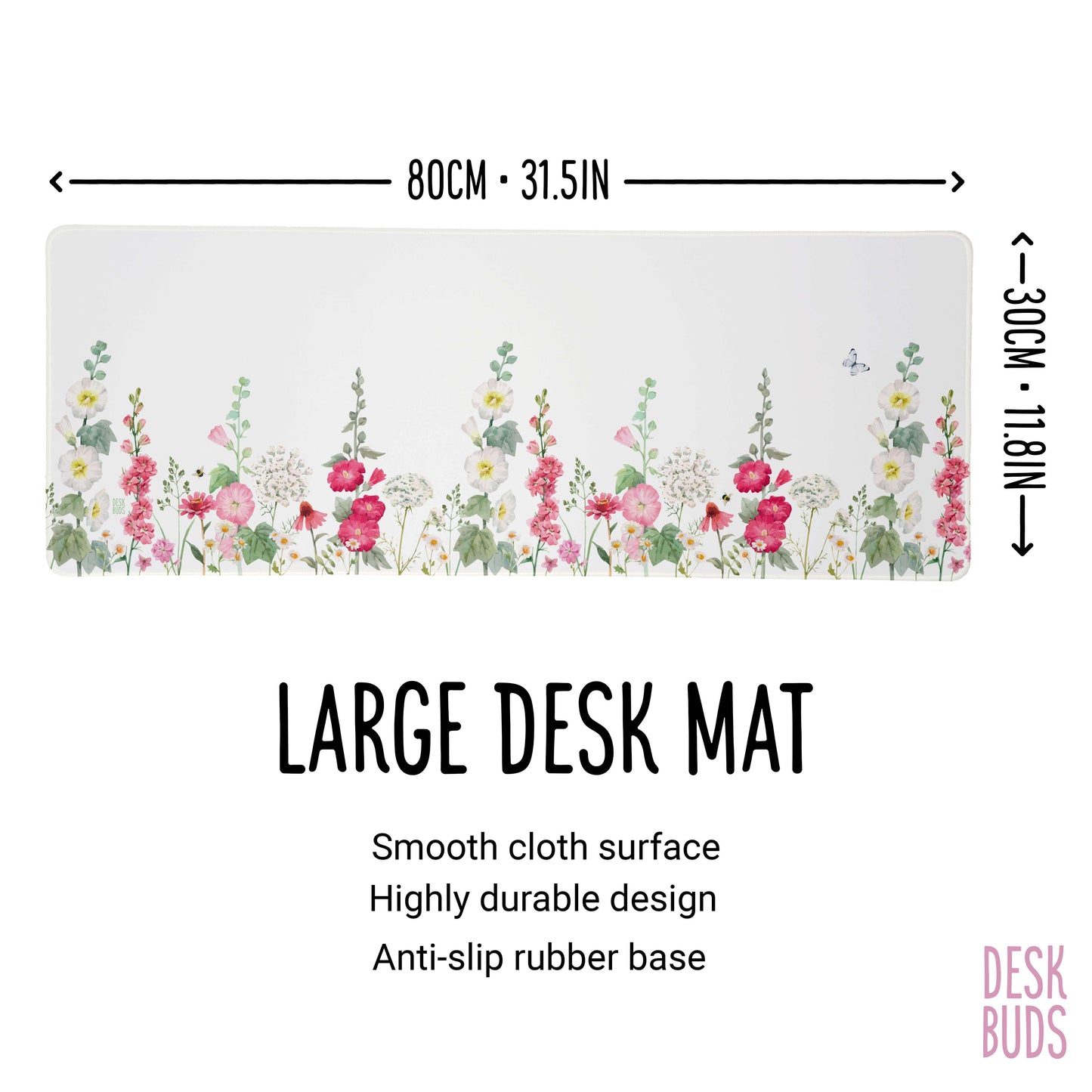 Pink and white hollyhock floral large desk mat 80cm x 30cm