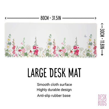 Pink and white hollyhock floral large desk mat 80cm x 30cm