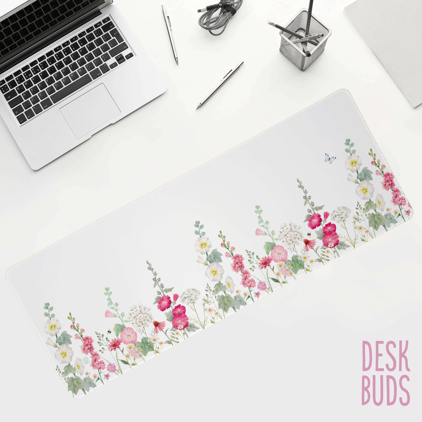 Pink and white hollyhock floral large desk mat 80cm x 30cm