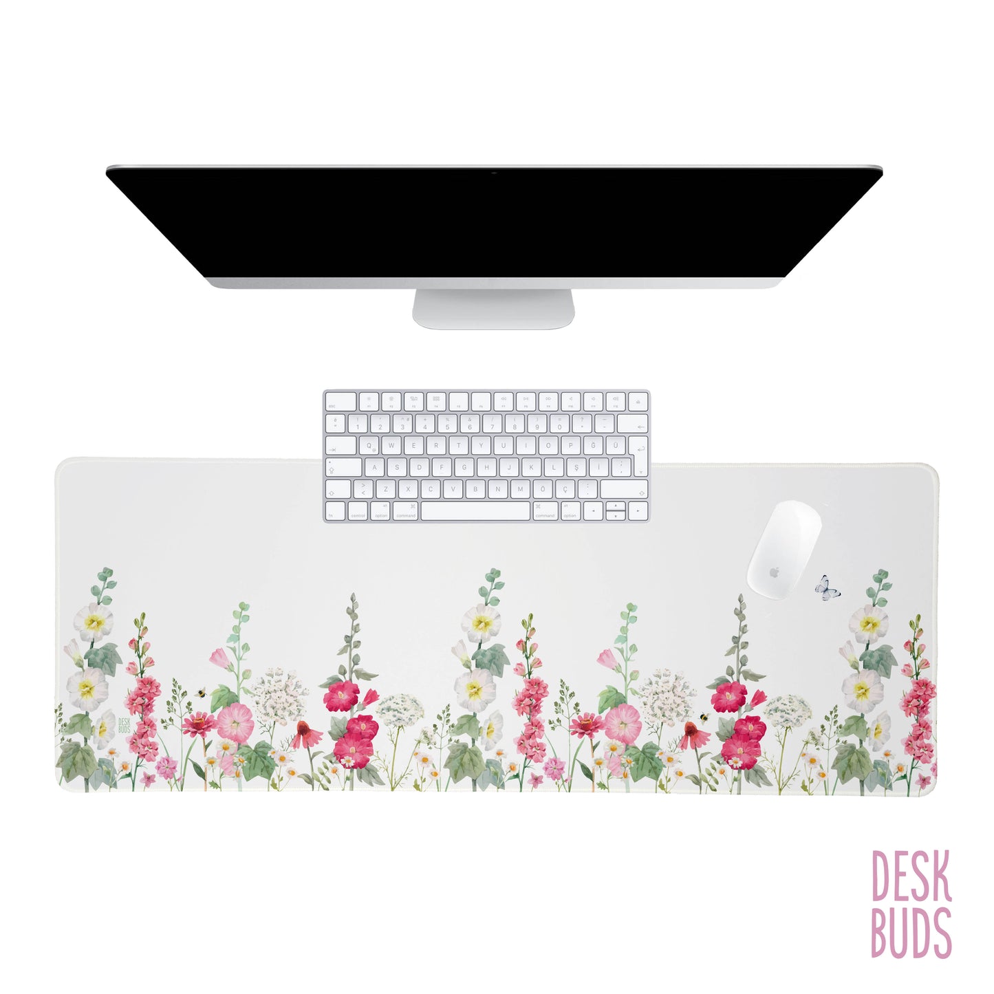 Pink and white hollyhock floral large desk mat 80cm x 30cm