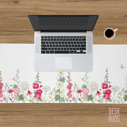 Pink and white hollyhock floral large desk mat 80cm x 30cm